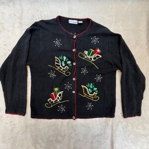 B.P. Design Holiday‎ Cardigan Women XL Black Beaded Sleigh Christmas Sweater
